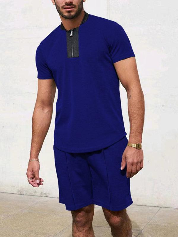 Waffle V-Neck Zipper T-Shirt Men Clothing Set - Clothing Set - LeStyleParfait