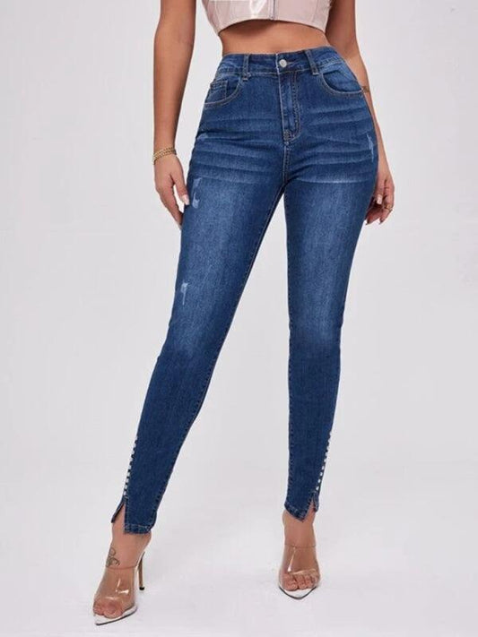 Women Beaded Slit Jeans - Women Jeans - LeStyleParfait