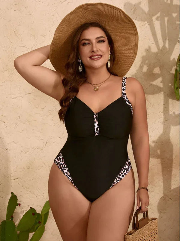 Women Black Animal Print One Piece Swimsuit fashion image