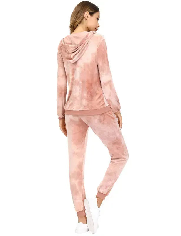 Women Casual Velvet Tie & Dye Two-Piece Jogger Set - Casual Jogger Set - LeStyleParfait