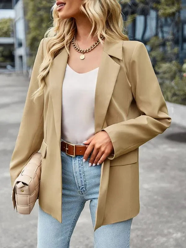 LeStyleParfait Women Blazer Casual Blazer Slip-On V-Neck Long Sleeves Plain-Solid-Suit Jacket fashion image