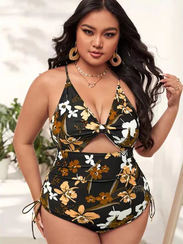 Women Floral Cut Out One Piece Swimsuit fashion image