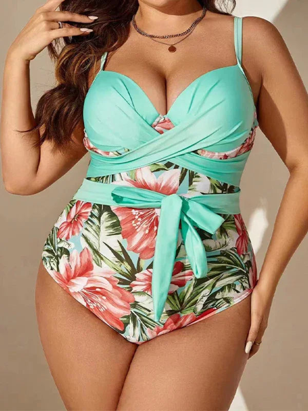 Women Floral Wrap One Piece Swimsuit fashion image