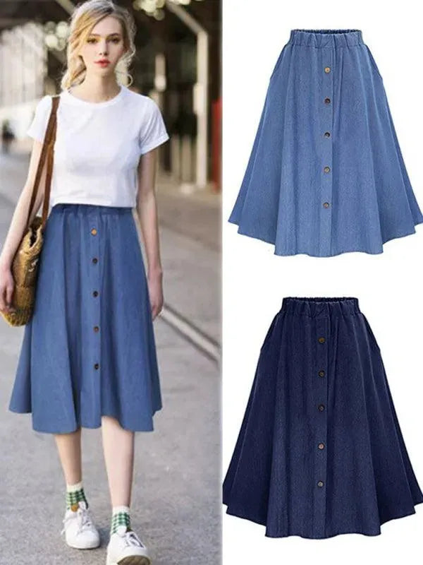 Women High Waist Midi Denim Skirt - Midi Denim Skirt - LeStyleParfait