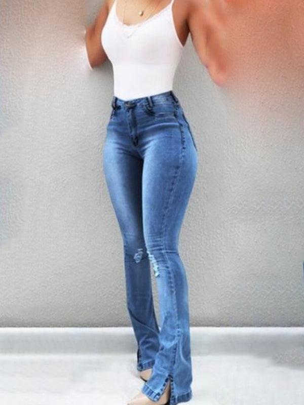 Women Jeans - High Waist Slit Flared Jeans - Women Jeans - LeStyleParfait