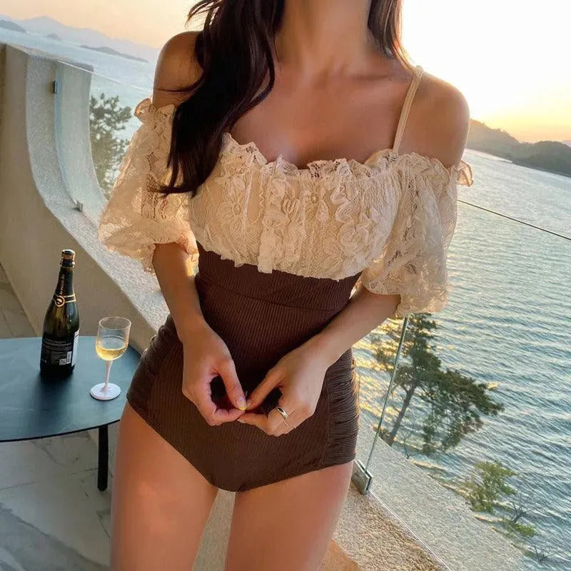 Women Khaki Textured One Piece Swimsuit fashion image