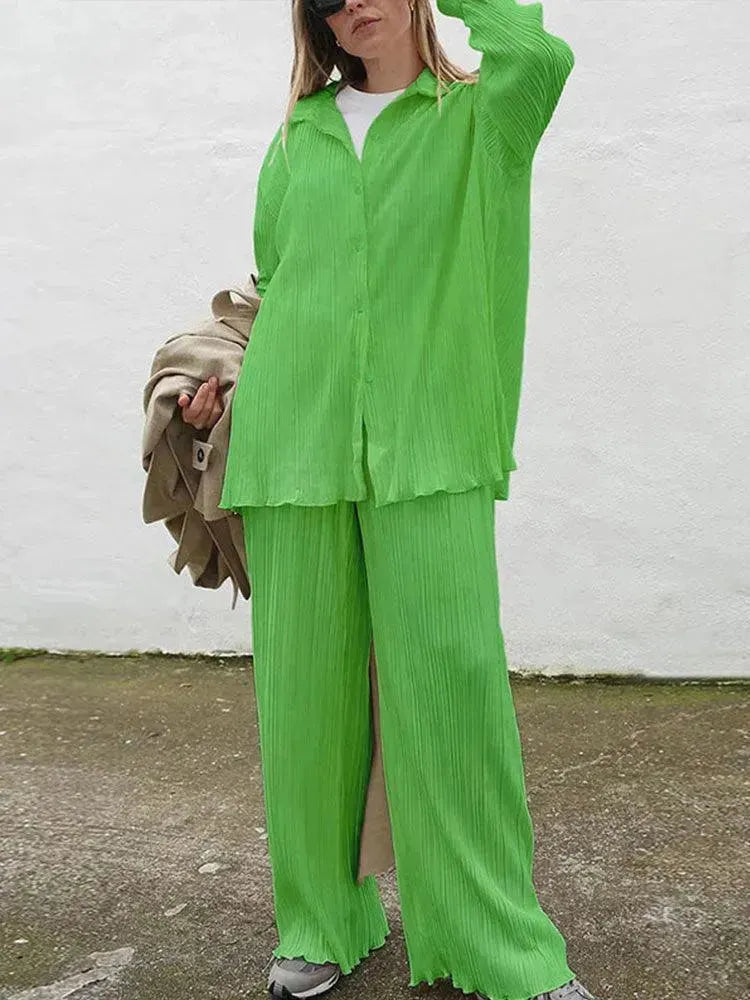 Women Pleated Two-Piece Pants Set - Pleated Pants Set - LeStyleParfait