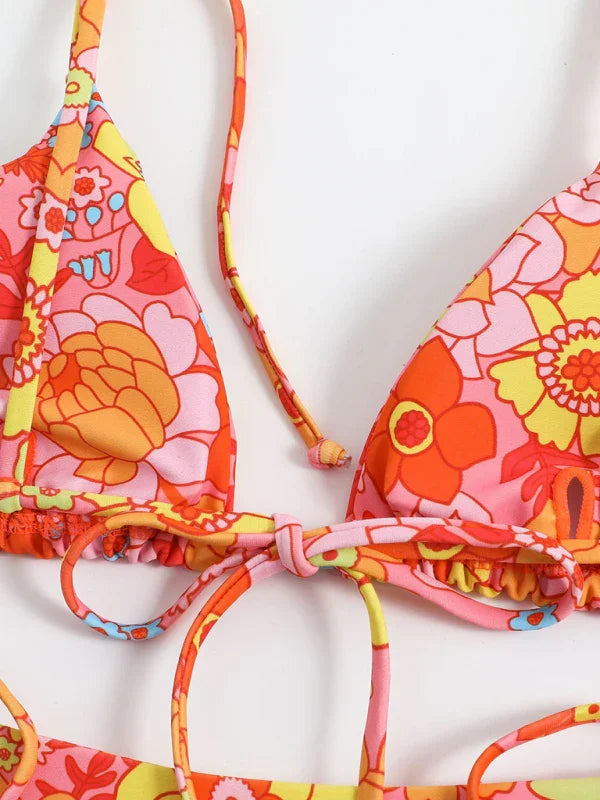 Women Red Floral High Waisted String Bikini Set