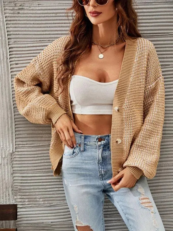 Women’s Cropped Button Cardigan Sweater – V-Neck Knit