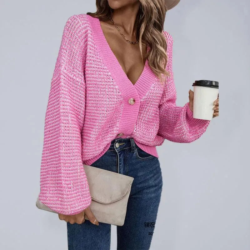 Women’s Cropped Button Cardigan Sweater – V-Neck Knit