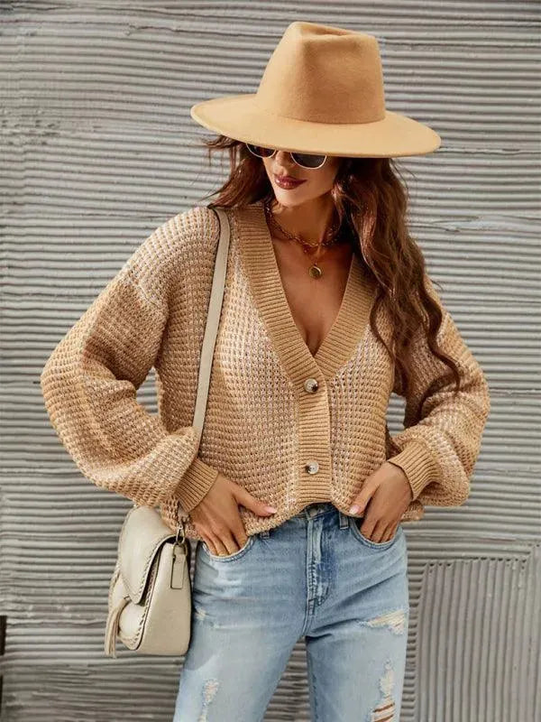 Women’s Cropped Button Cardigan Sweater – V-Neck Knit
