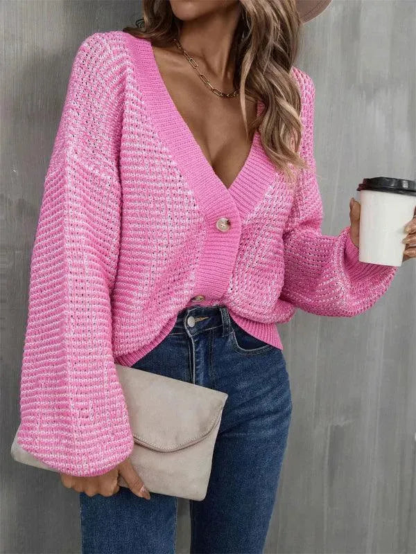 Women’s Cropped Button Cardigan Sweater – V-Neck Knit