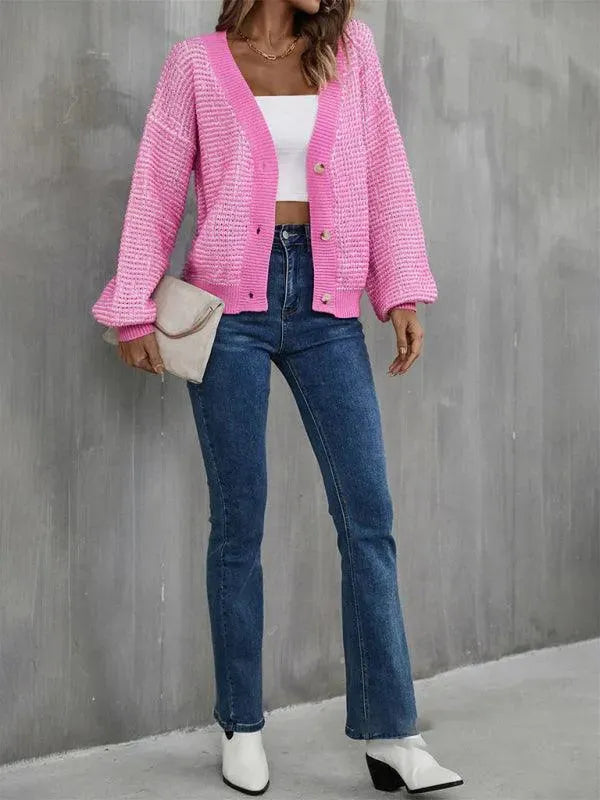 Women’s Cropped Button Cardigan Sweater – V-Neck Knit
