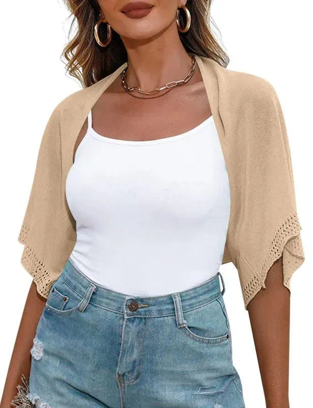 Women’s Cropped V-Neck Cardigan Sweater – Short Sleeve Knit