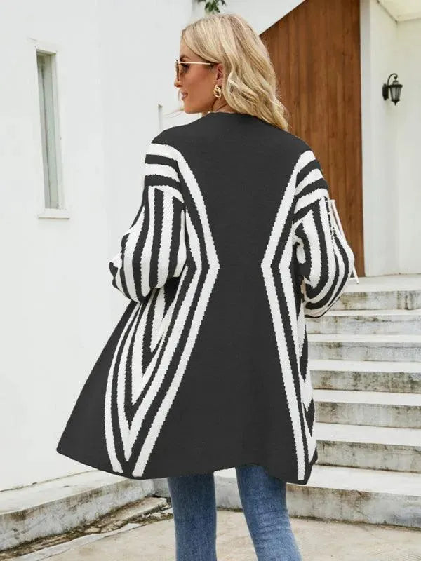 Women's Diamond Stripe V-Neck Button Cardigan Sweater