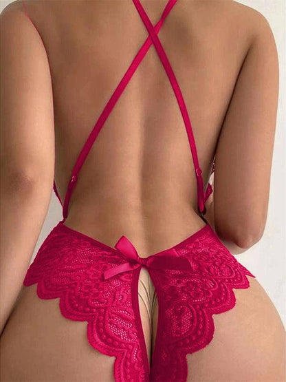 Halter Neck Strap Sexy Backless Lace Bodysuit - Teddies - LeStyleParfait