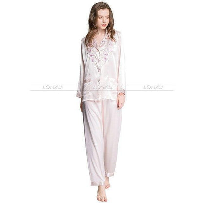 Women Silk Pajama, Embroidered - Pajama Pant Set - LeStyleParfait