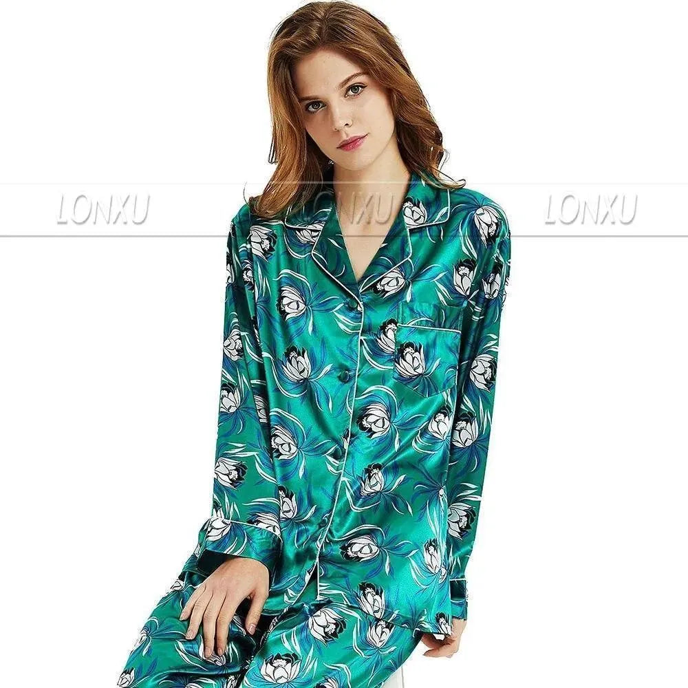 Women Silk Pajama Set, Floral - Pajama Pant Set - LeStyleParfait