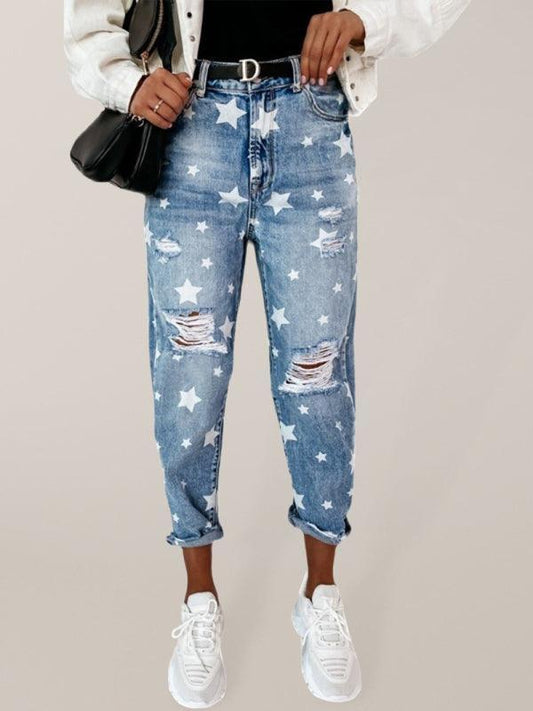 Women Star Print Ripped Jeans - Women Jeans - LeStyleParfait