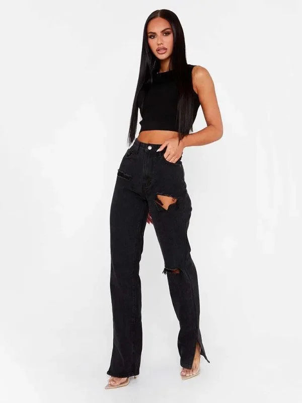 Women Straight Ripped Jeans With Ankle Slits - Women Jeans - LeStyleParfait