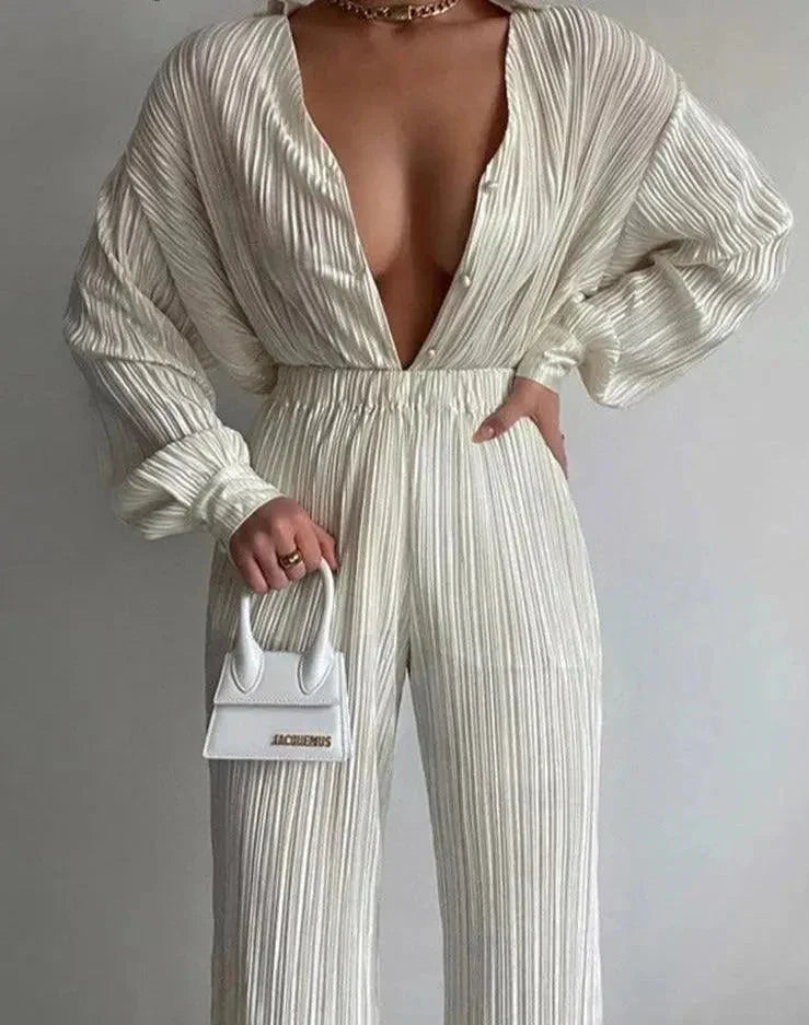 Women Vibrant Pleated Two-Piece Pants Set - Pleated Pants Set - LeStyleParfait