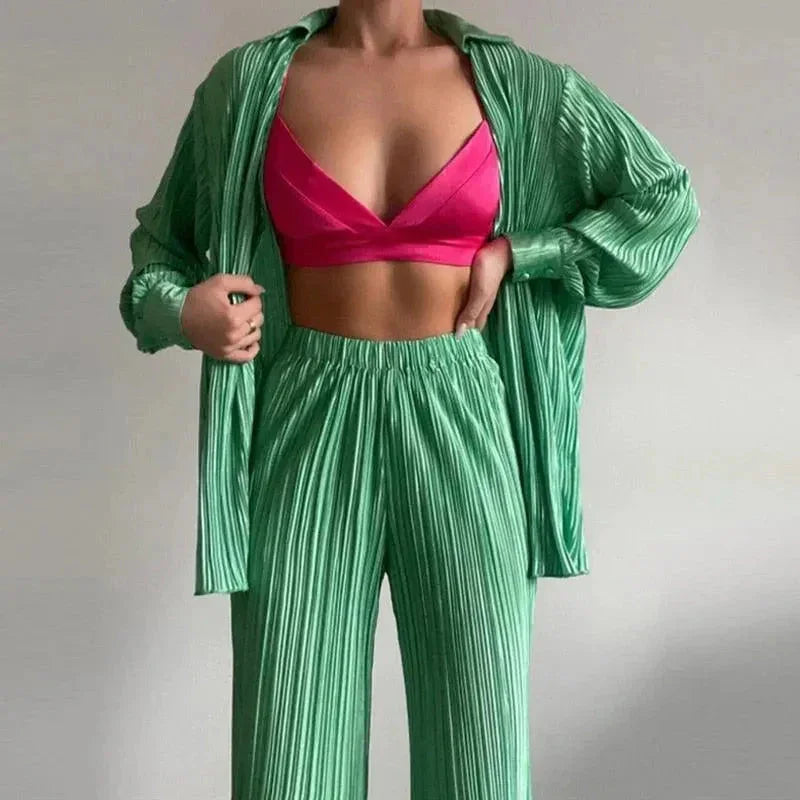 Women Vibrant Pleated Two-Piece Pants Set - Pleated Pants Set - LeStyleParfait