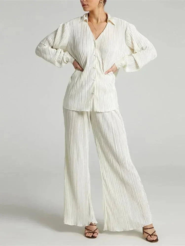 Women Vibrant Pleated Two-Piece Pants Set - Pleated Pants Set - LeStyleParfait