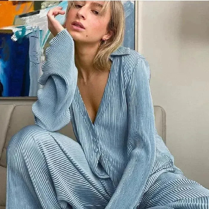 Women Vibrant Pleated Two-Piece Pants Set - Pleated Pants Set - LeStyleParfait