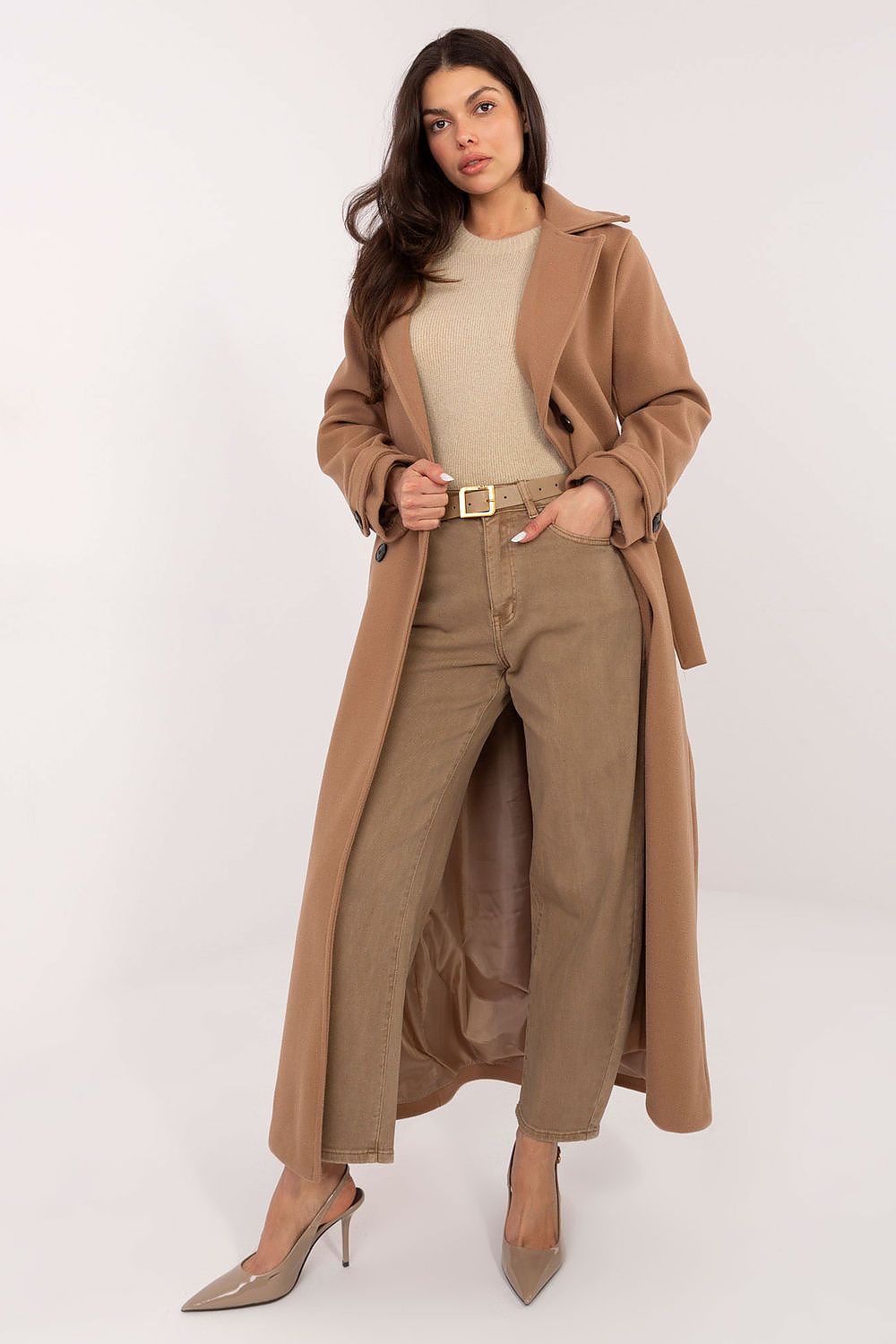 Women's Barrel Jeans - Beige High Waist Belted Denim-Straight Leg Jeans-LeStyleParfait