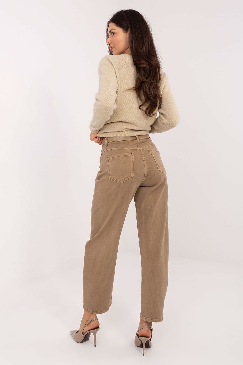 Women's Barrel Jeans - Beige High Waist Belted Denim-Straight Leg Jeans-LeStyleParfait