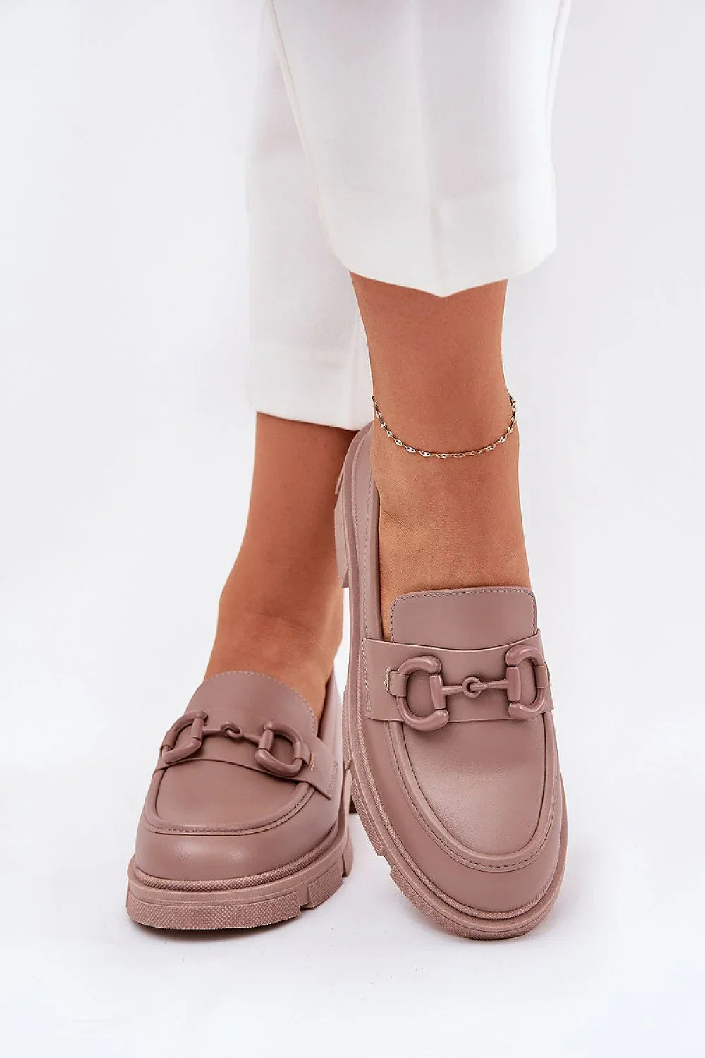 Women’s beige chunky horsebit moccasin loafers, eco friendly women’s chunky loafers with cushioned insole