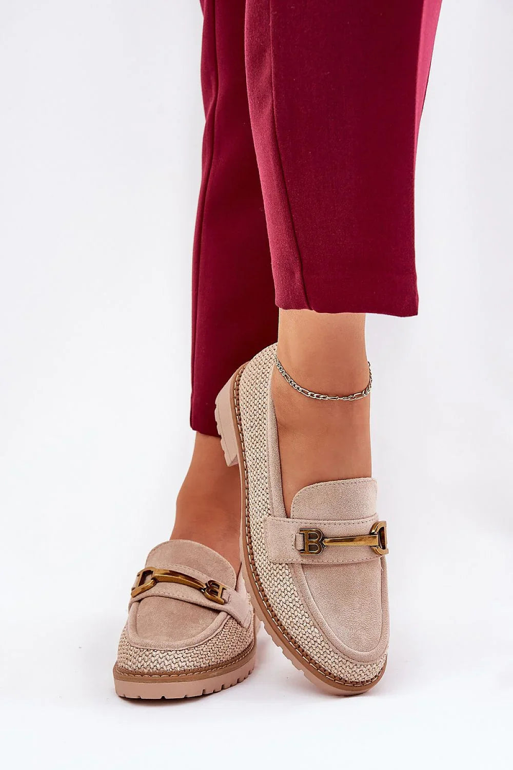 Women’s beige eco suede block heel moccasin loafers, decorative braid women’s loafers for daily wear