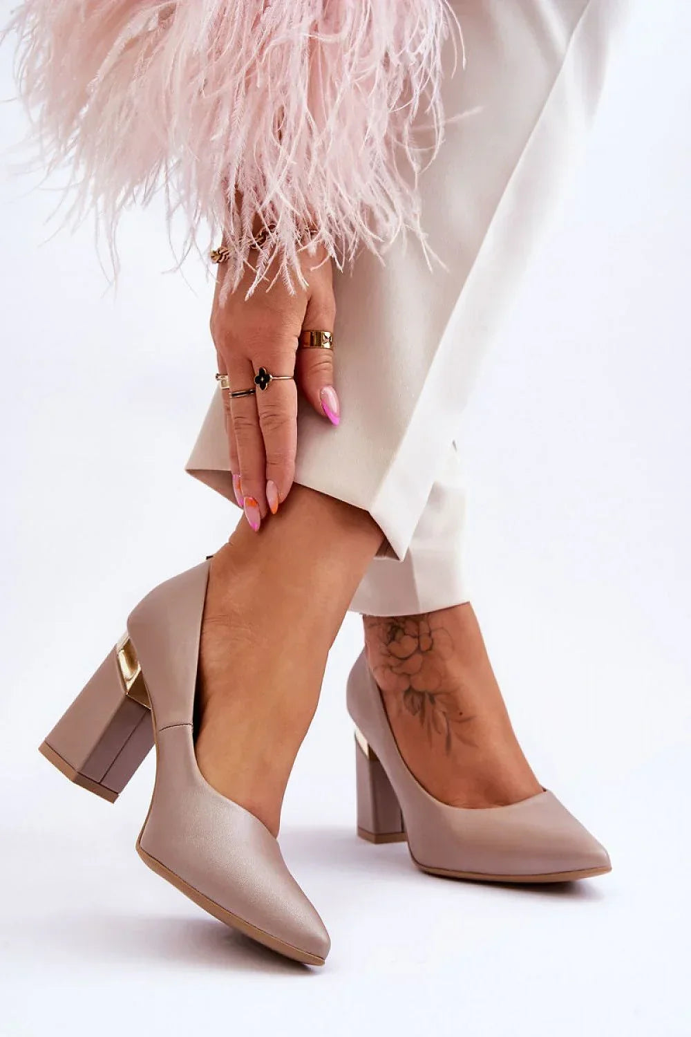 Women's Beige Leather Pointed Toe Block Heel Pumps-Pumps Shoes-LeStyleParfait