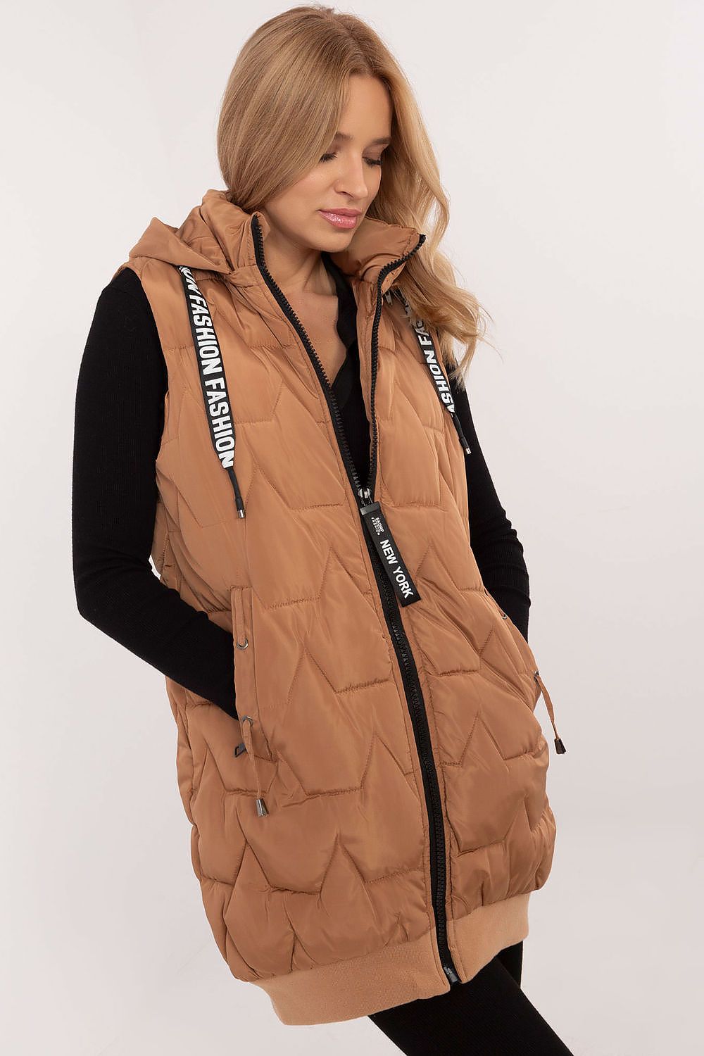 Women's Beige Longline Hooded Quilted Vest-Women's Vest-brown-s-LeStyleParfait