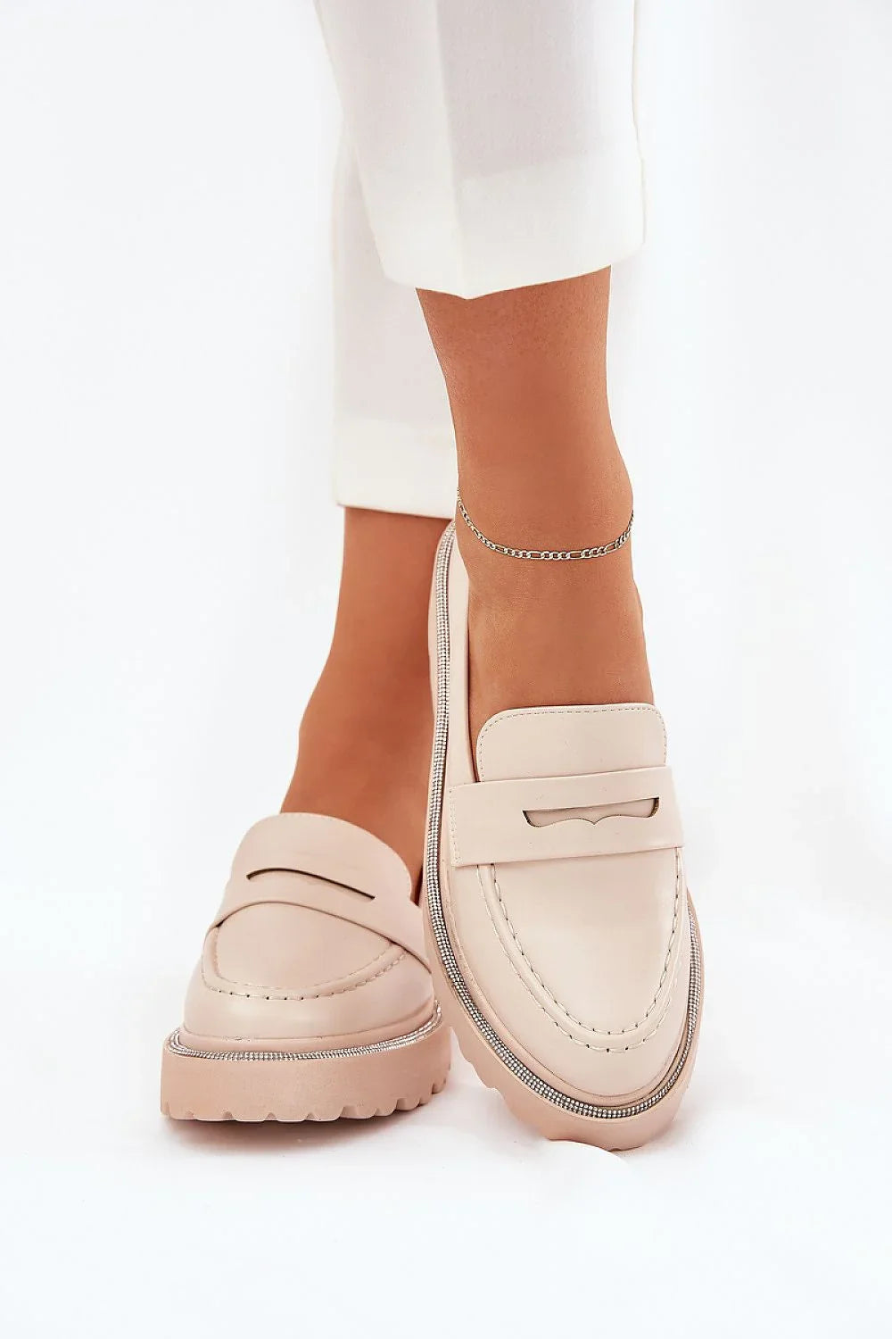 Women’s beige rhinestone penny platform loafers, suede mid heel women’s platform loafers for spring and autumn