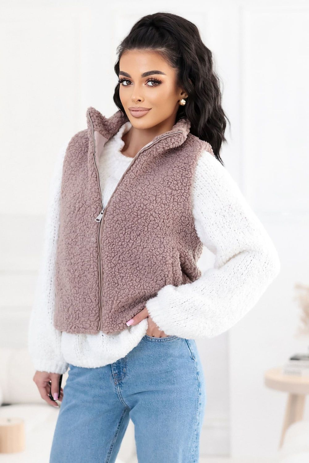 Women's Beige Stand Collar Faux Fur Vest-Women's Vest-beige 2-s-LeStyleParfait