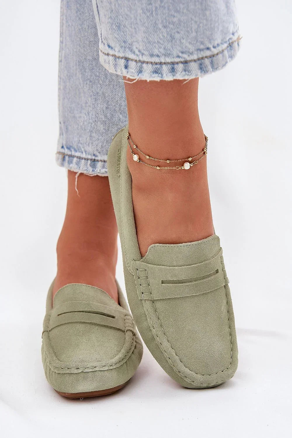 Women’s beige suede penny moccasin loafers, classic flat women’s penny loafers for spring and autumn