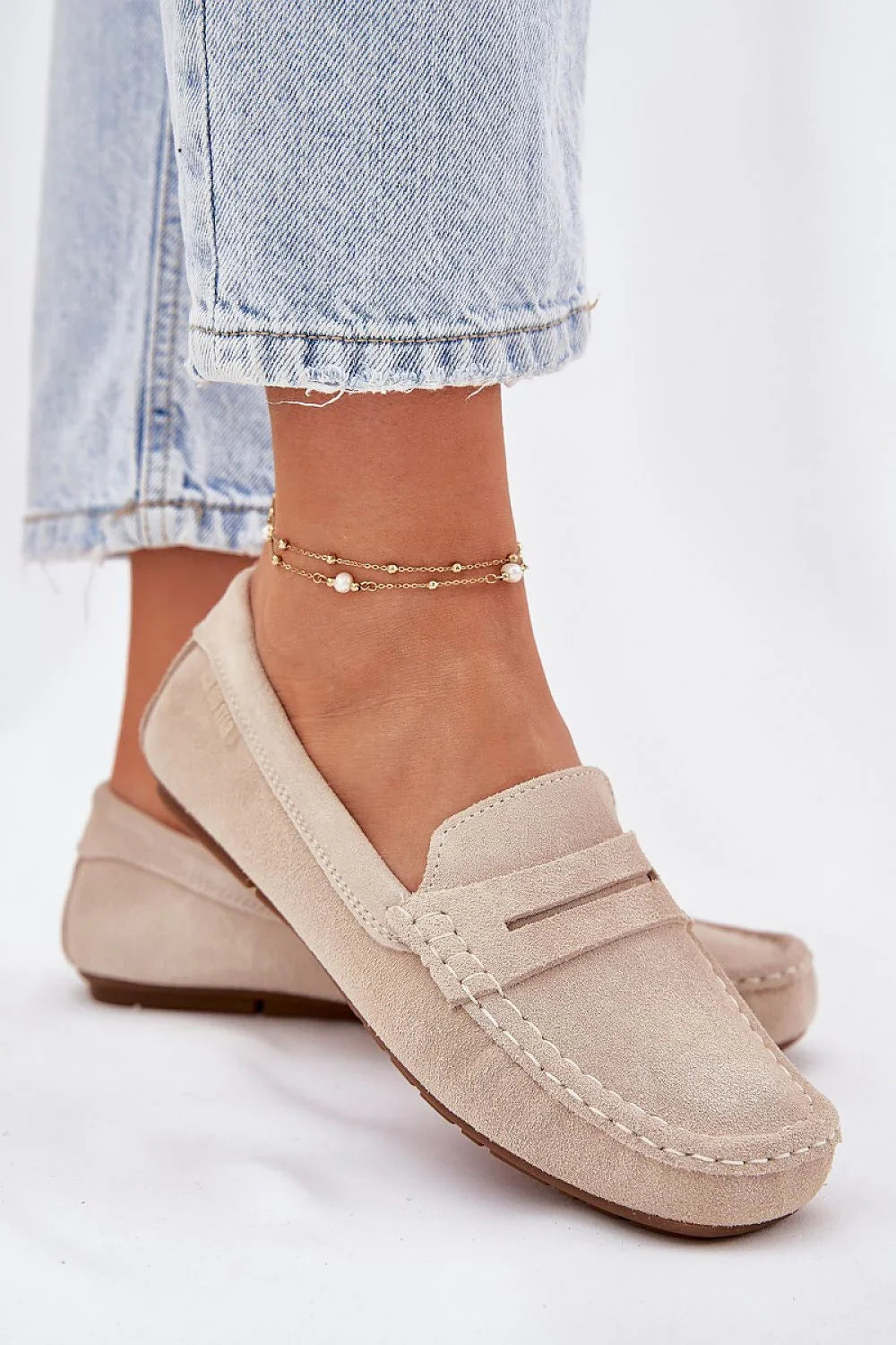 Women’s beige suede penny moccasin loafers, classic flat women’s penny loafers for spring and autumn