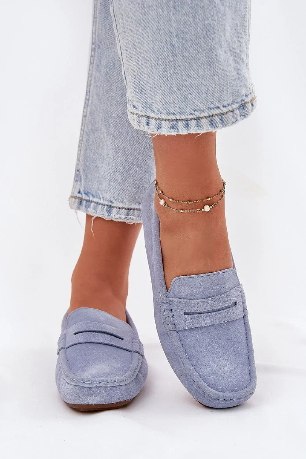 Women’s beige suede penny moccasin loafers, classic flat women’s penny loafers for spring and autumn