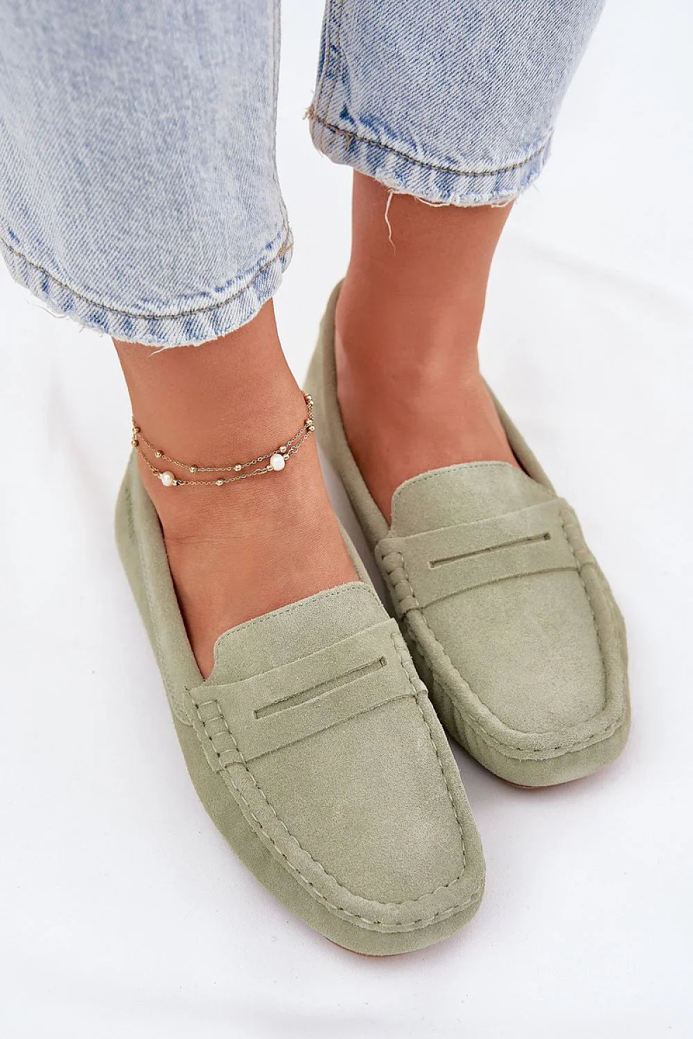 Women’s beige suede penny moccasin loafers, classic flat women’s penny loafers for spring and autumn