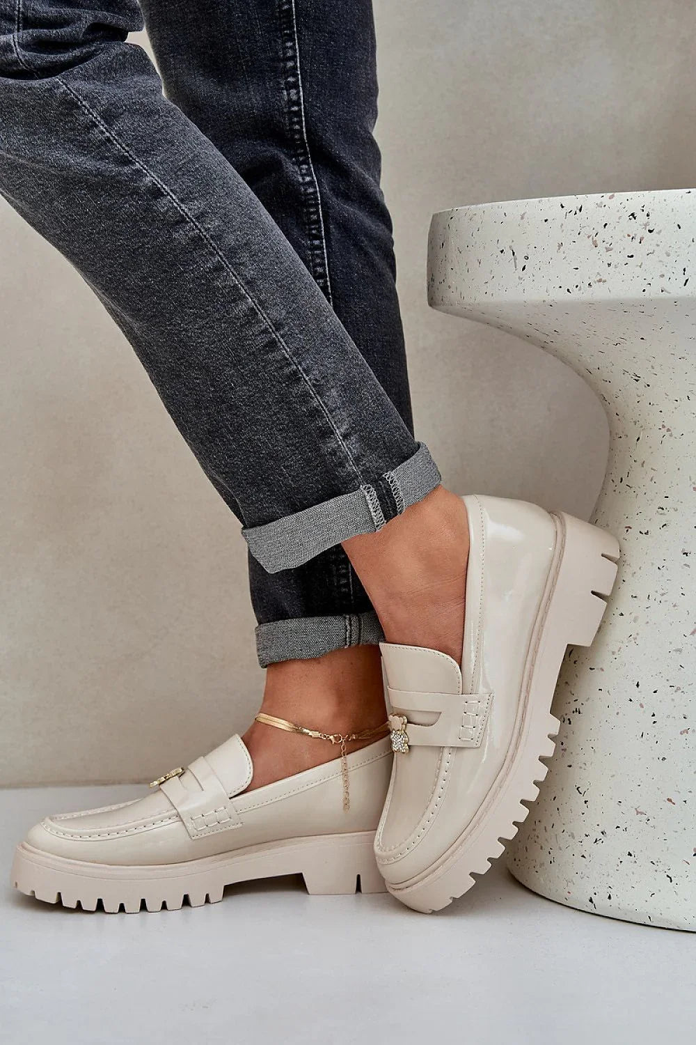 Women’s beige vegan chunky platform moccasin loafers, eco friendly women’s platform loafers for everyday wear