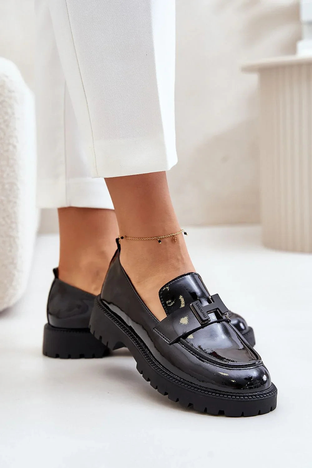 Women’s black leather block heel moccasin loafers, elegant slip on women’s loafers for casual and dress looks
