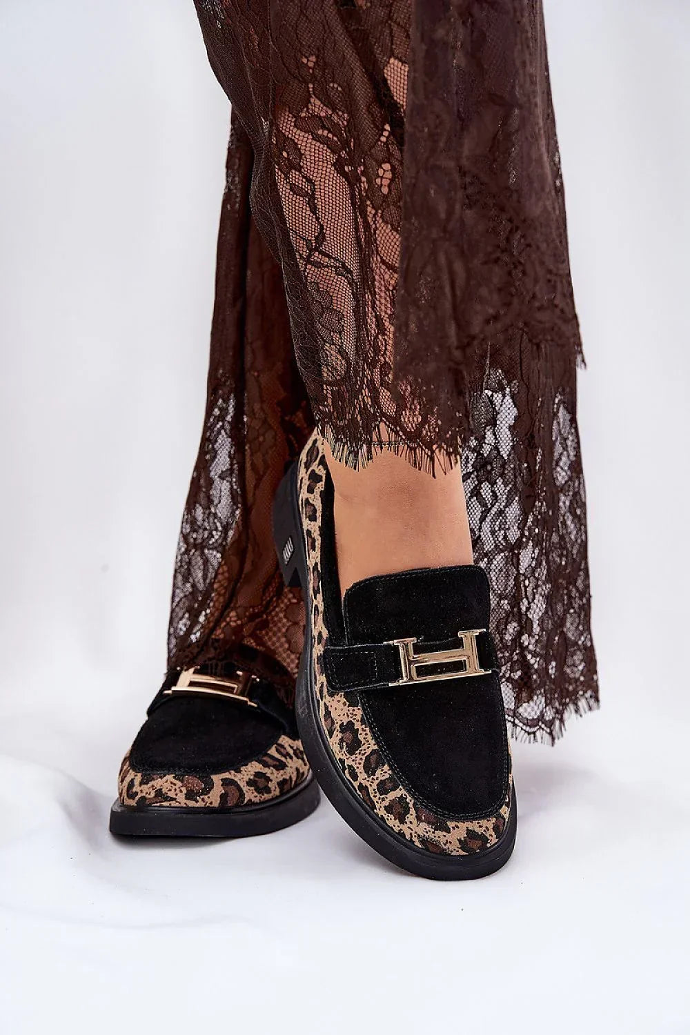 Women’s black leopard suede moccasin loafers, trendy animal print flat women’s loafers