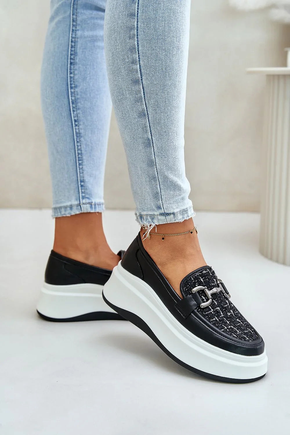 Women’s black natural leather platform moccasin loafers, comfortable women’s platform loafers for office and street