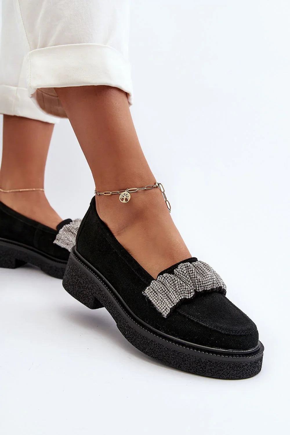 Women’s black suede rhinestone platform moccasin loafers, stylish women’s platform loafers for casual workwear