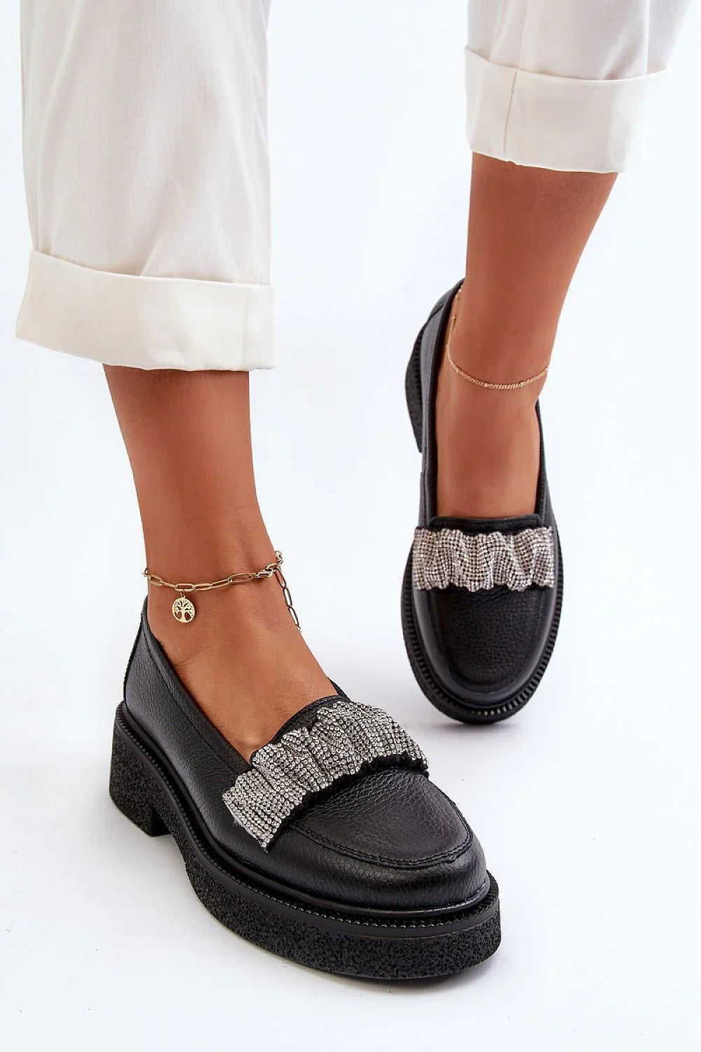 Women’s black suede rhinestone platform moccasin loafers, stylish women’s platform loafers for casual workwear