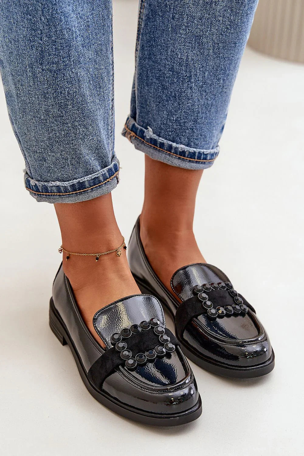 Women’s black vinyl look classic moccasin loafers, versatile women’s autumn office moccasins in eco leather