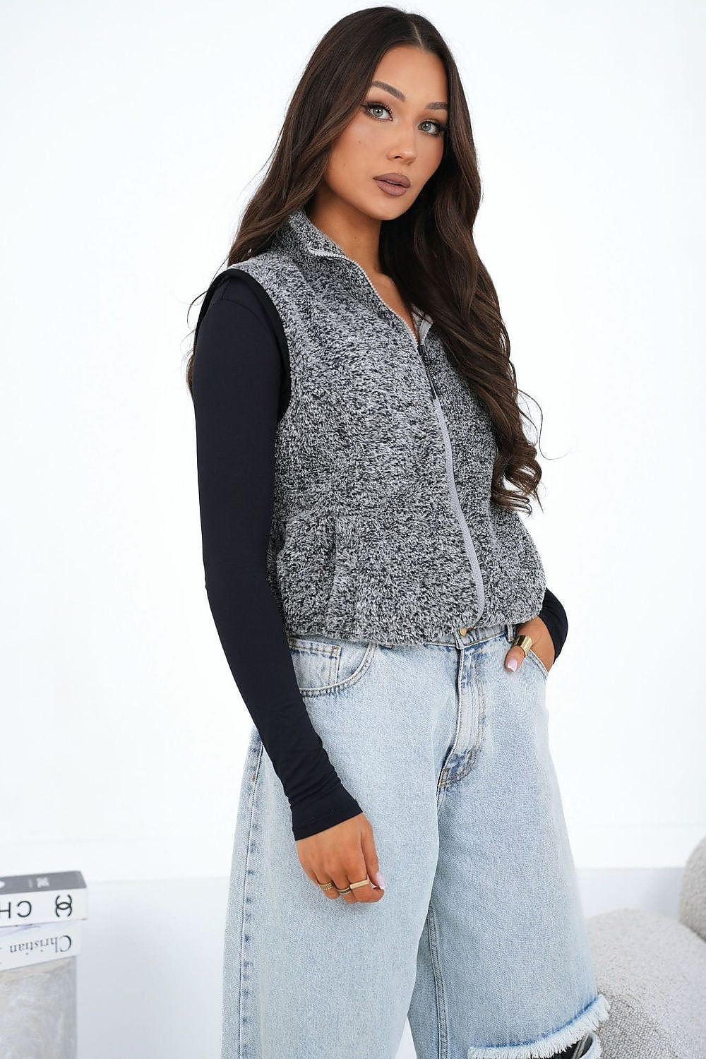 Women's Brown High Neck Faux Fur Vest-Women's Vest-grey-XS/S-LeStyleParfait