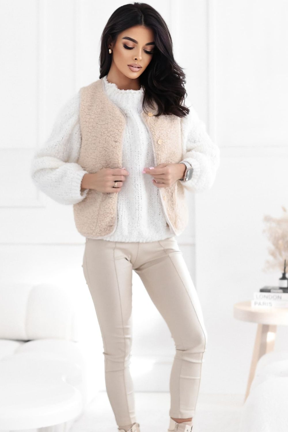 Women's Button-Front Crew Neck Teddy Vest-Women's Vest-black-s-LeStyleParfait