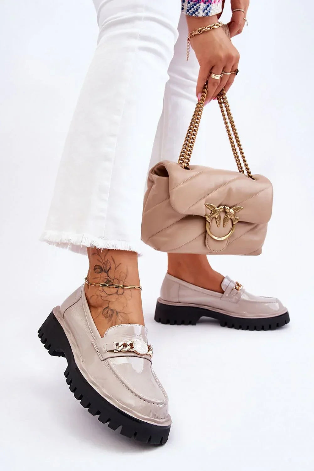 Women’s chain detail eco leather platform moccasins, chunky women’s platform loafers for spring and autumn